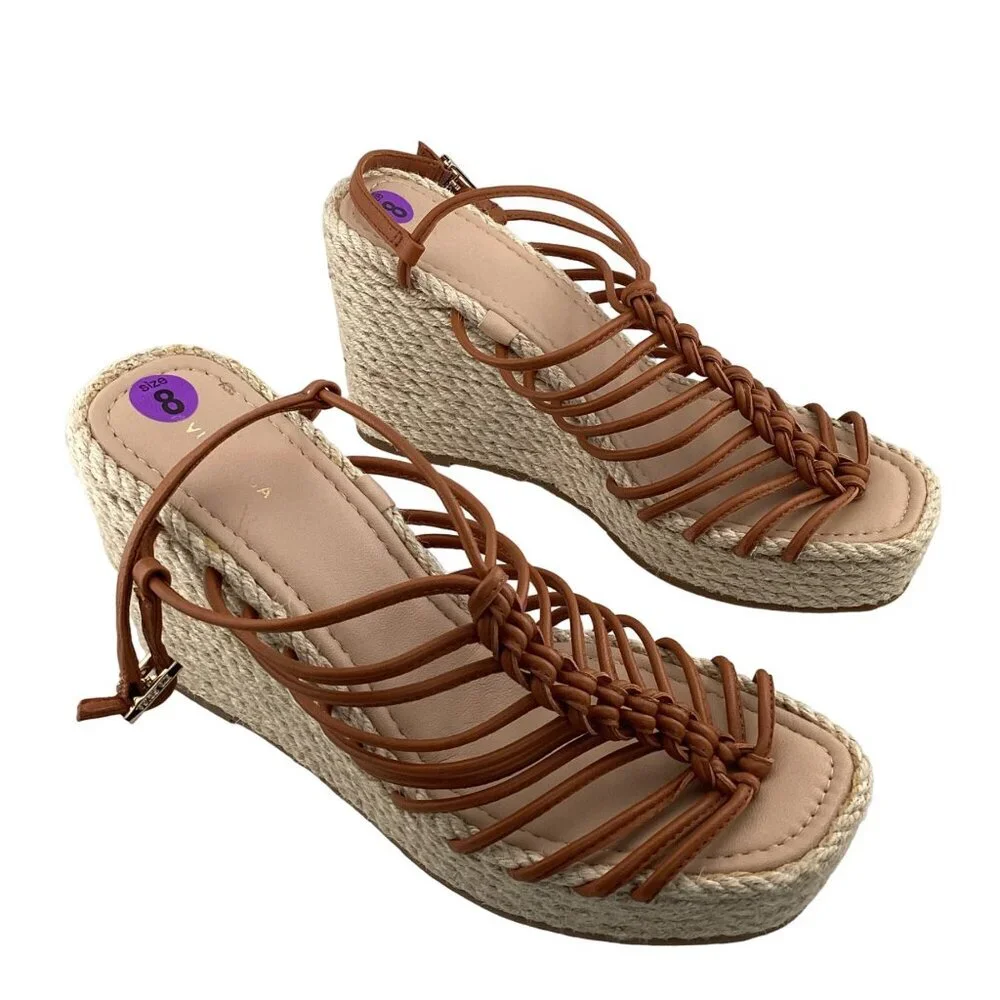 Via Spiga Selma Espadrille Wedge Sandal Size 8 Tan Braided Straps Strappy Open T